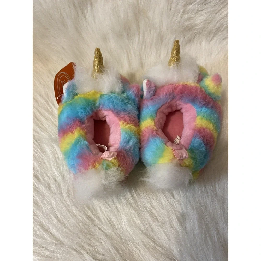 Wonder Nation Plush Rainbow Unicorn Slippers Girls Size 5-6 Fuzzy Slip‎ On Shoes